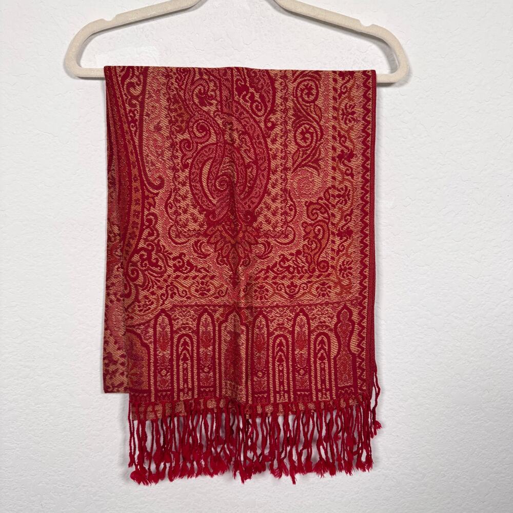 Esma Collection 100% Wool Scarf Fringe Paisley Winter Classic Red Gold